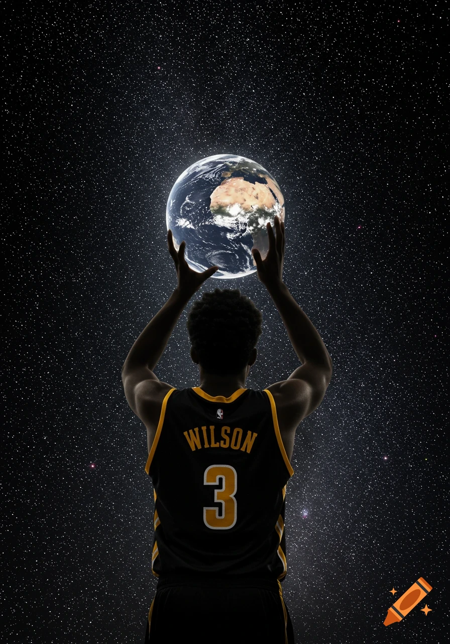 Silhouette of a basketball player wearing a jersey with 'WILSON' and '3' on the back, holding the Earth like a ball against a starry night sky.