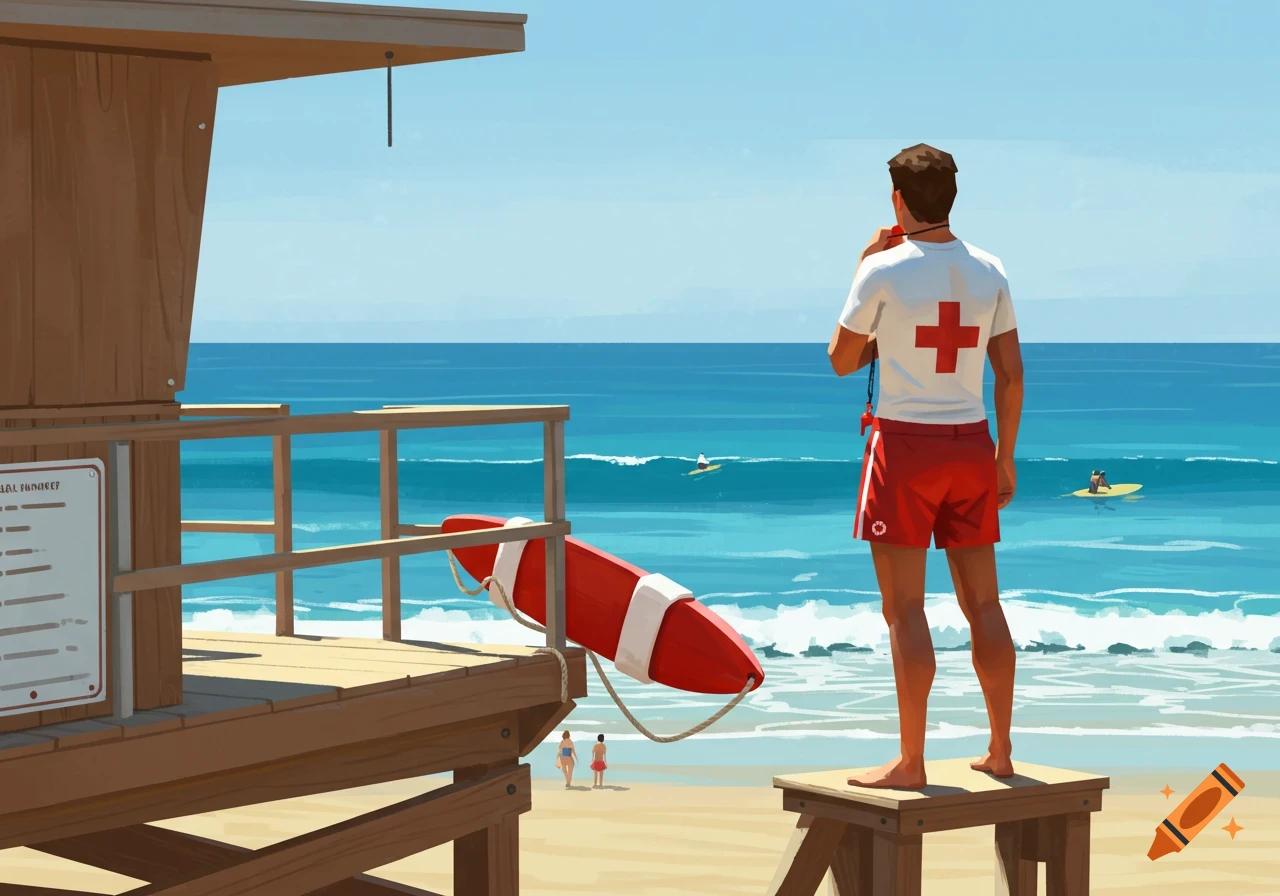 An attentive lifeguard in a white shirt with a red cross and red shorts stands on a wooden platform, looking out at the ocean from a beach.
