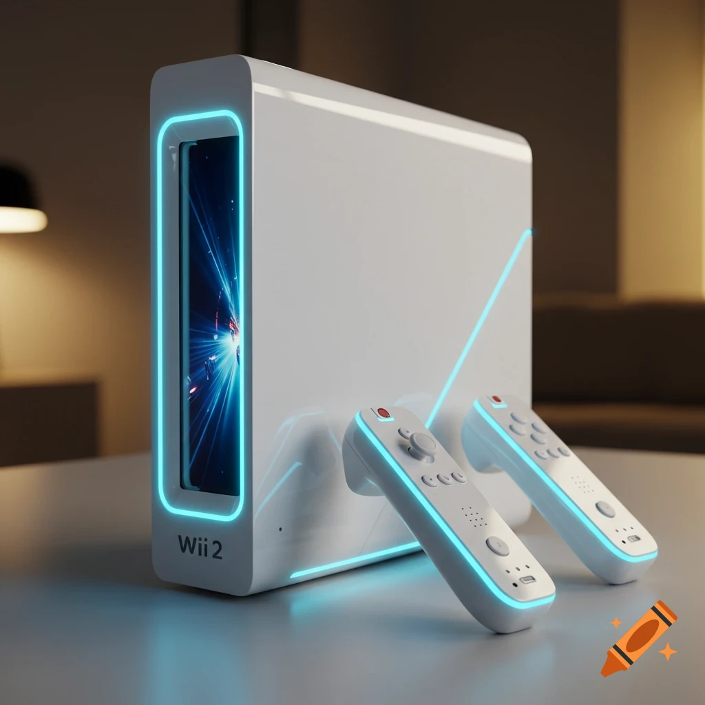 A sleek white Wii 2 console with a vertical glowing blue screen on its side, beside two matching controllers, in a photorealistic style.
