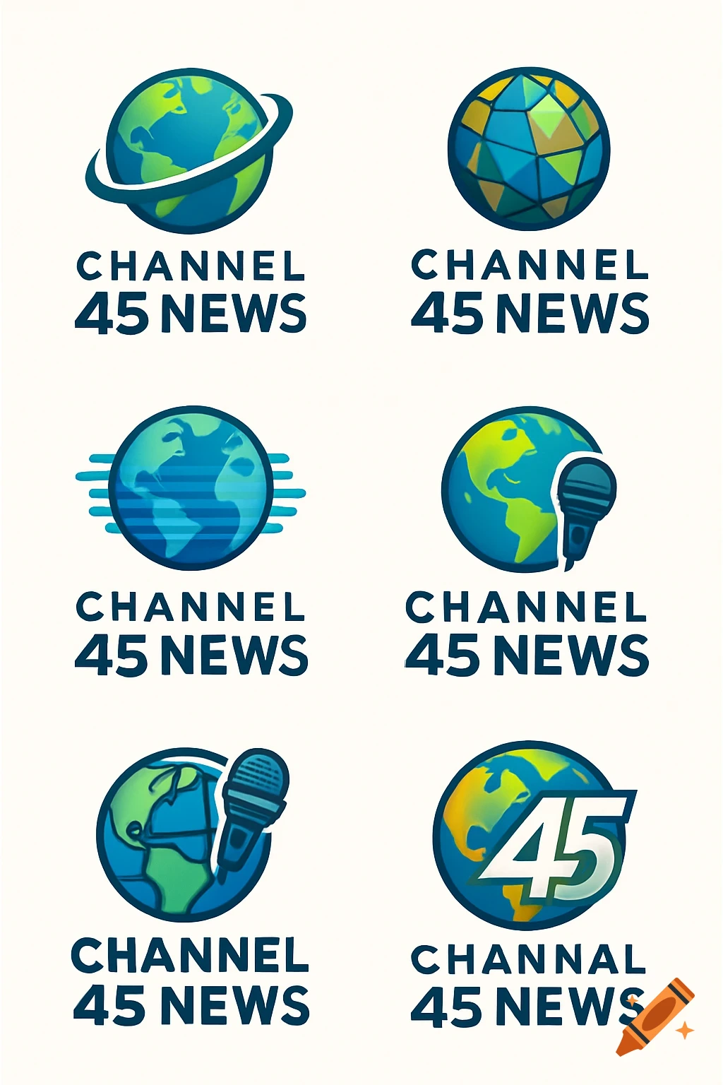 Six different logo designs for 'Channel 45 News', each featuring a stylized globe in blue and green with various elements like rings, microphones, or numbers.