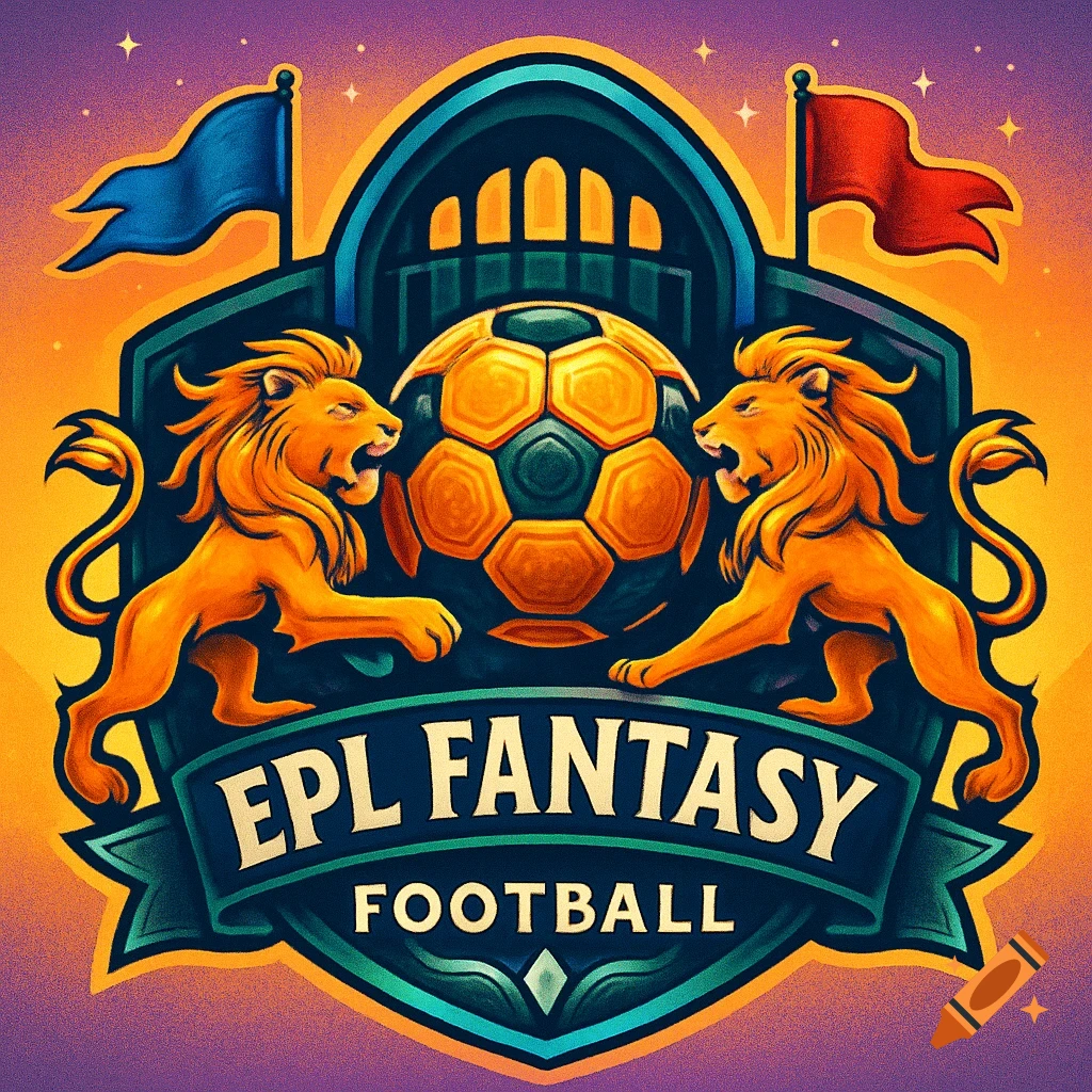 A vibrant, stylized logo featuring two golden lions flanking a soccer ball, set against a dark shield with two flags. The text "EPL FANTASY FOOTBALL" is prominently displayed on a banner below.