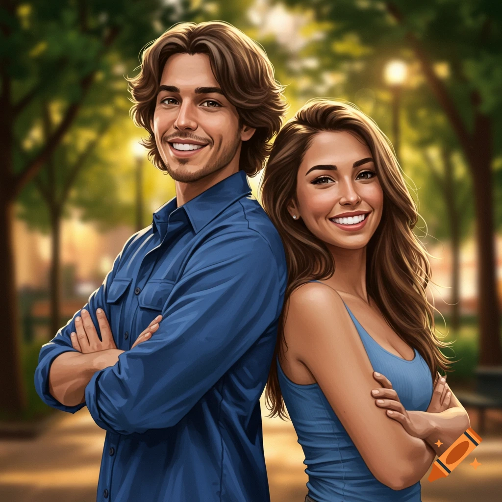 Smiling man in blue shirt and woman in blue tank top pose back-to-back with crossed arms, digital illustration in a park.