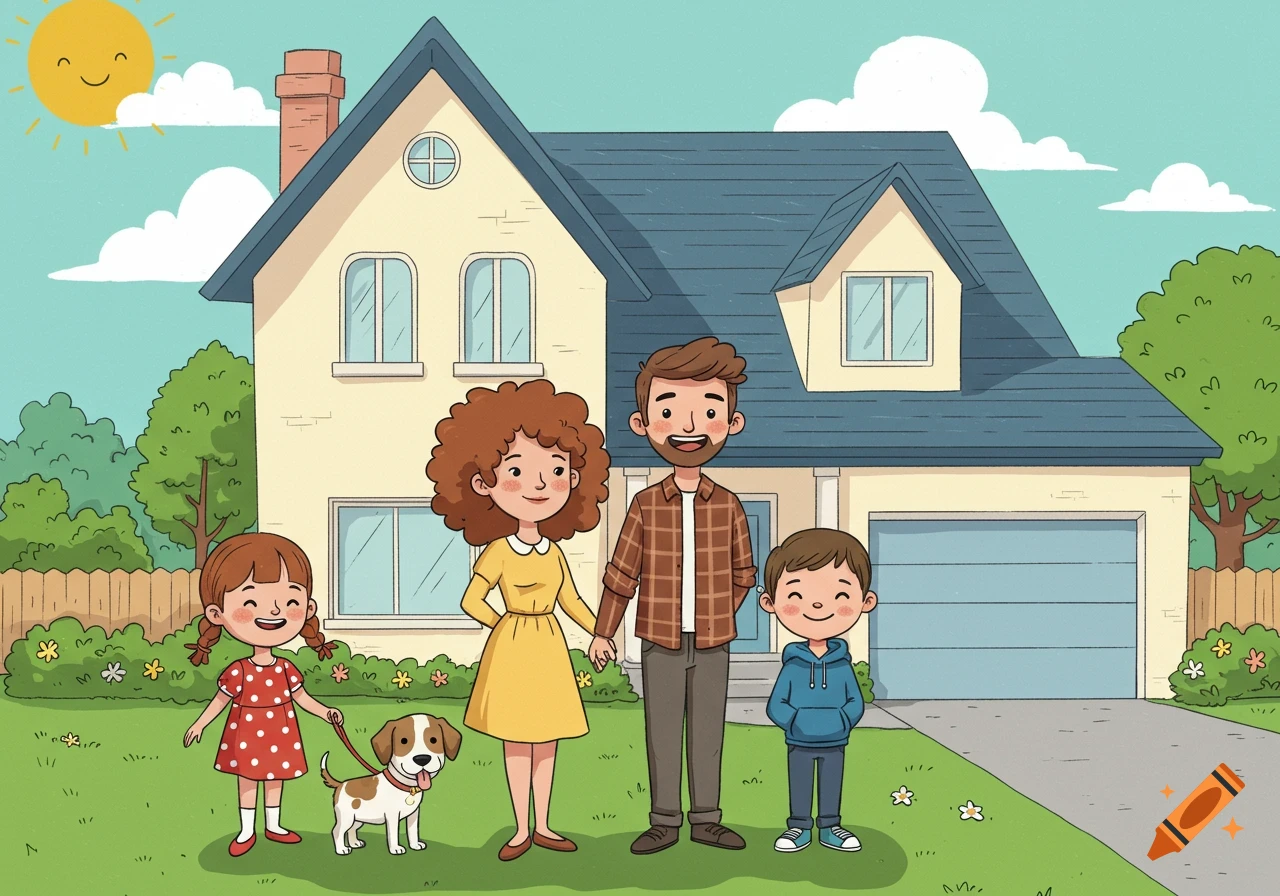 A cartoon family with a mother, father, daughter, son, and dog stand in front of their house with a smiling sun in the sky.