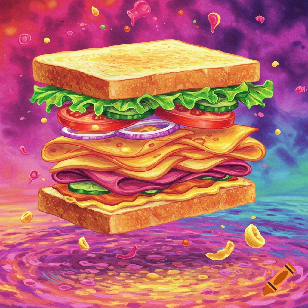 A large, colorful, layered sandwich floats in a vibrant, swirling psychedelic background with floating drops.