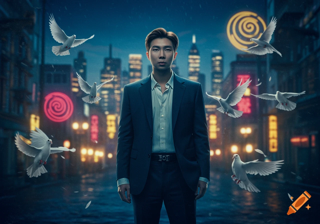 A man in a suit stands on a wet, dark city street, surrounded by flying white doves and blurry neon signs at night. Photorealistic style.