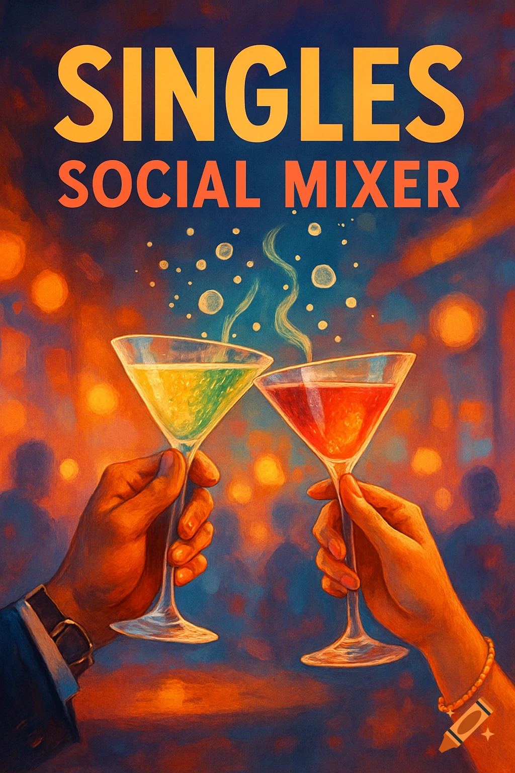 Illustrated flyer for a Singles Social Mixer, showing two hands clinking cocktail glasses against a blurred, colorful party background.