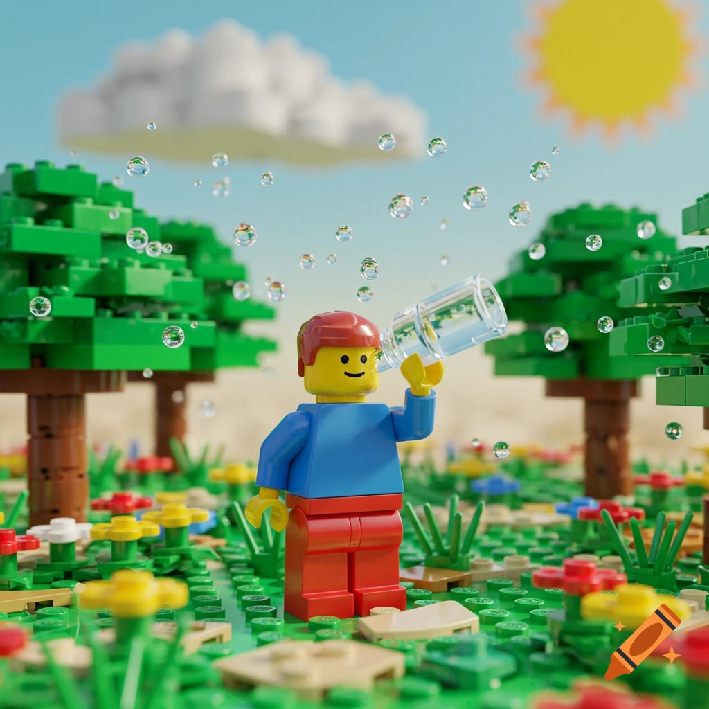 A Lego man in blue and red stands in a vibrant green landscape with trees and flowers, looking up at floating bubbles while holding a clear bottle.