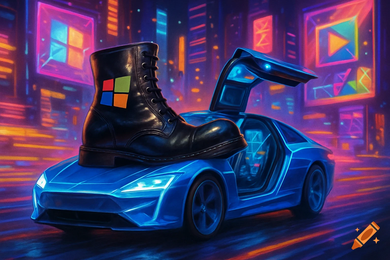 A black boot with a colorful four-square logo sits on a blue futuristic car with an open gull-wing door, against a neon-lit cyberpunk city background.