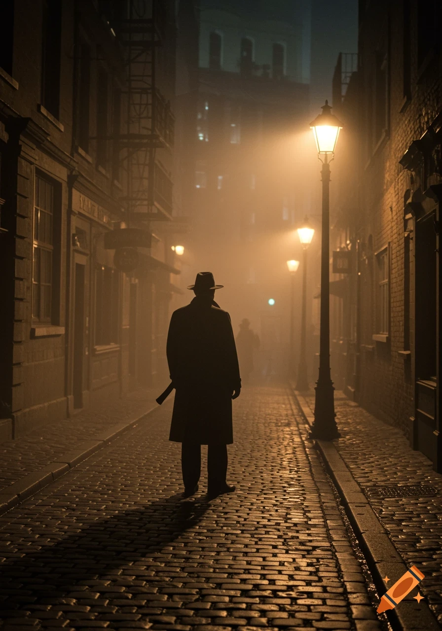 A person in a trench coat and fedora stands on a foggy, gaslit cobblestone street at night, evoking a film noir aesthetic.