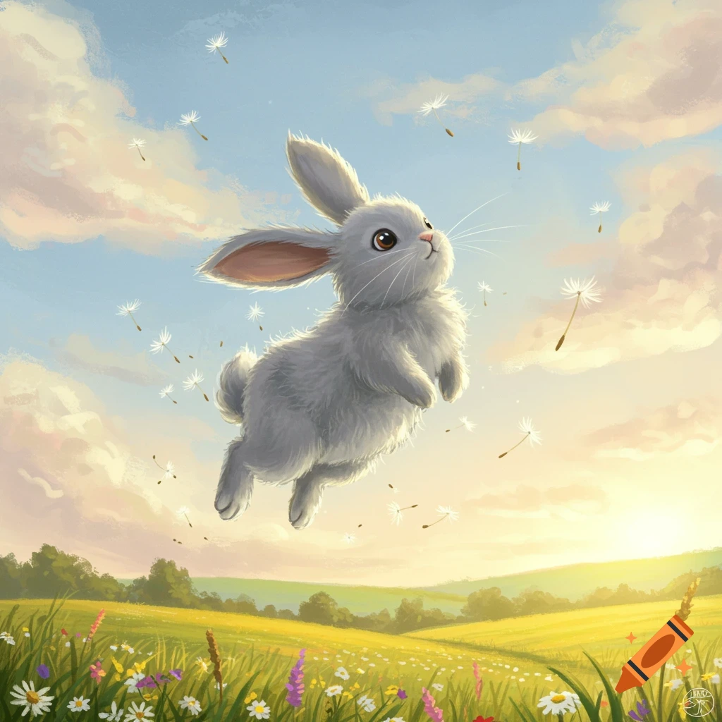 A fluffy grey rabbit floats in a bright sky above a green field with wildflowers, dandelion seeds blowing in a whimsical illustration.