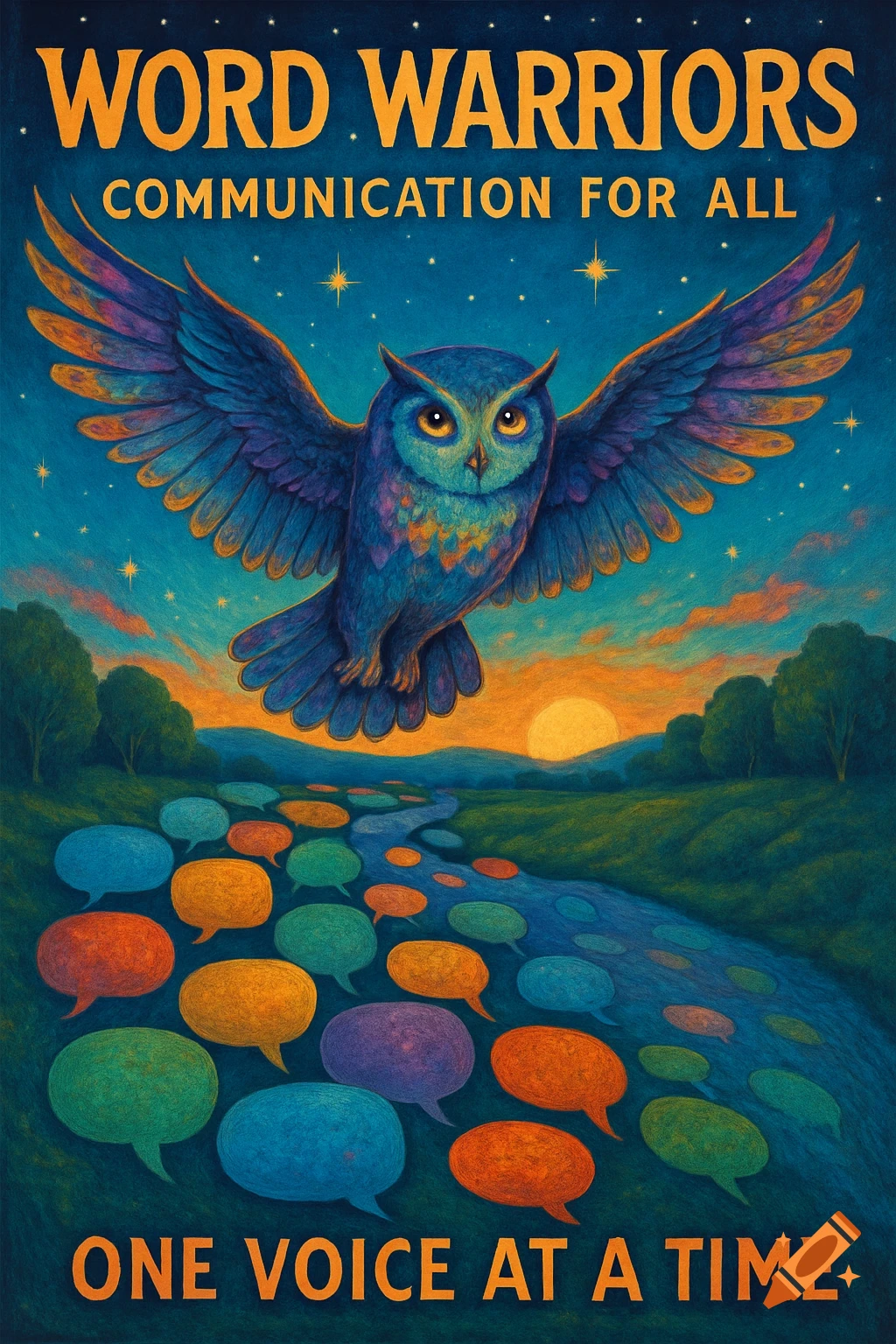 Vibrant poster of an owl flying over a river of colorful speech bubbles, a sunset, and starry sky with text.