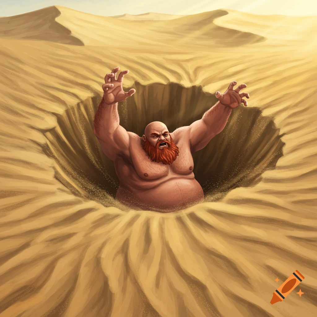 A distressed, bald man with a red beard struggles to escape a pit of sinking sand in a desert. Digital painting.