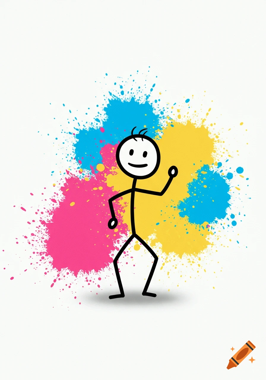 A smiling stick figure with arms raised, standing in front of colorful blue, pink, and yellow paint splatters.