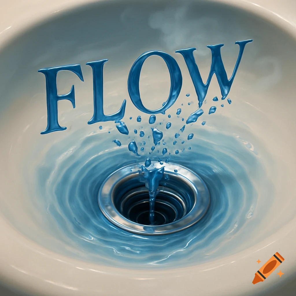 The word 'FLOW' in blue, metallic letters above a sink drain with swirling water splashing down into it.