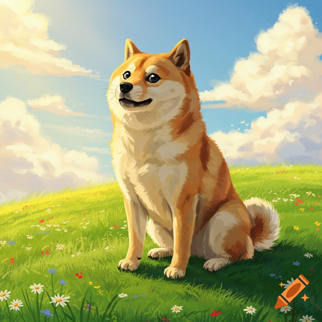 A vibrant illustration of a Shiba Inu dog sitting in a green field with wildflowers under a blue sky with fluffy clouds.