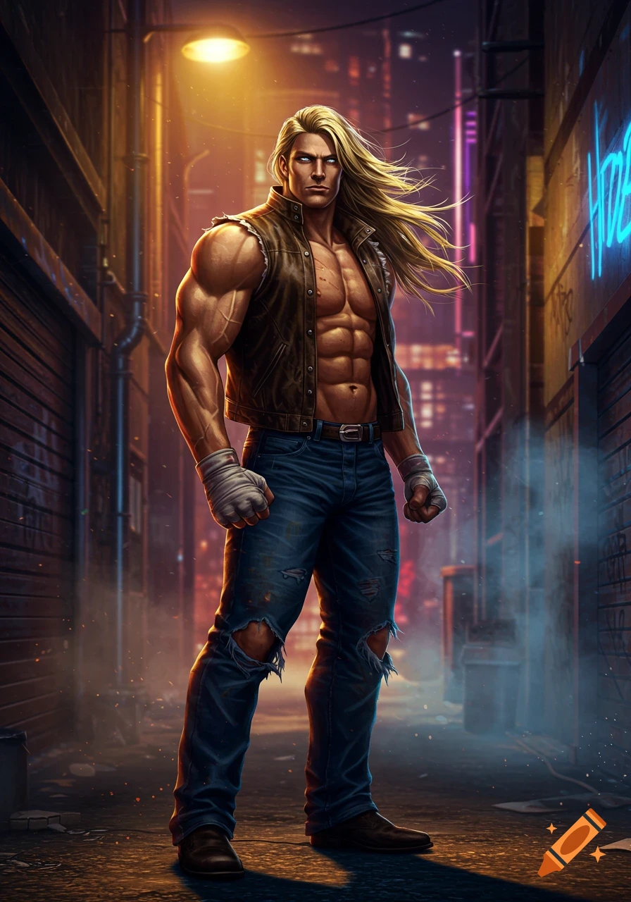Muscular man with long blonde hair, open vest, and ripped jeans in a dark city alley with neon lights, in a comic art style.