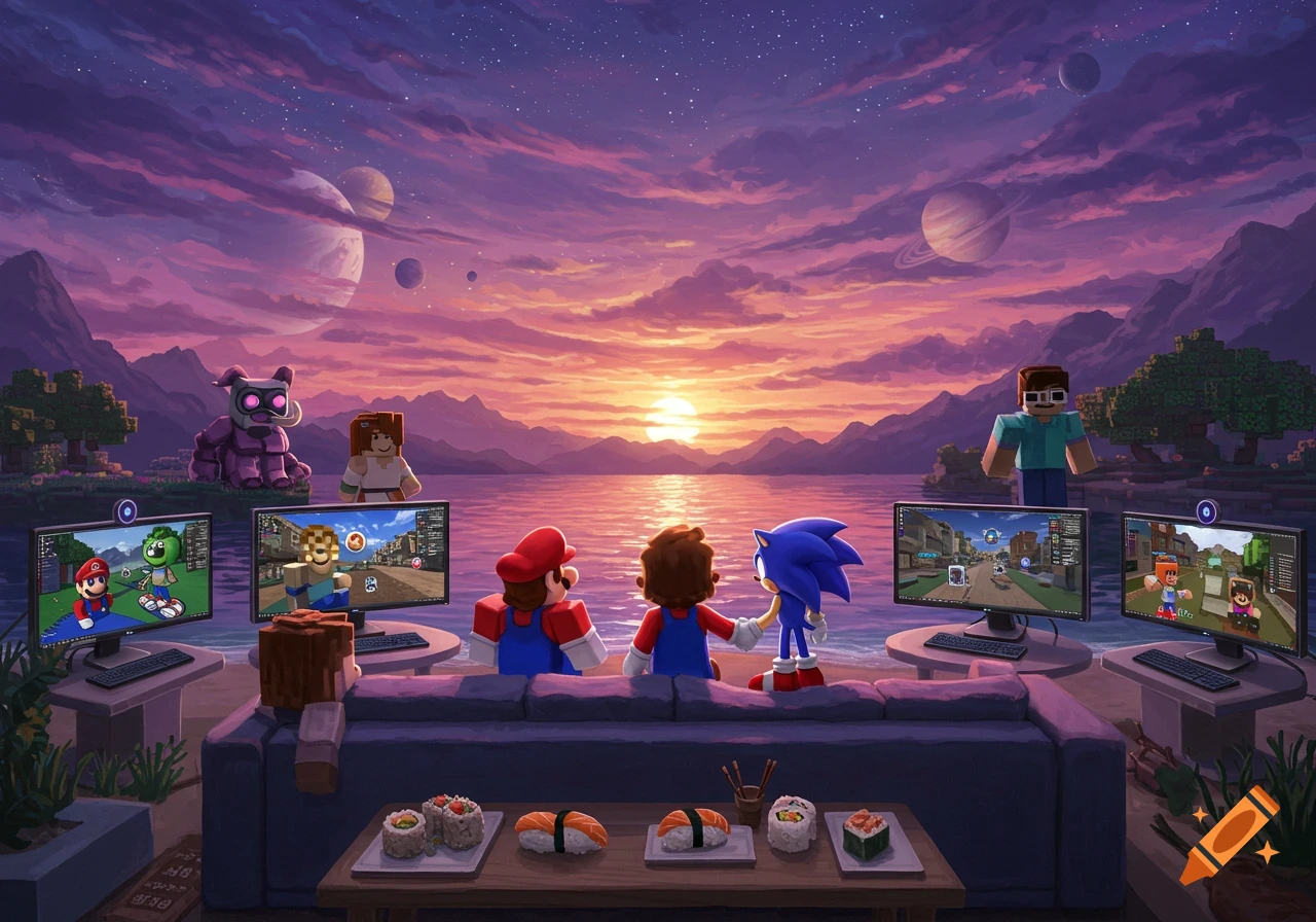 Mario, Sonic, and Minecraft/Roblox characters watch a sunset over a pixelated beach, playing video games on monitors while sushi sits on a table.