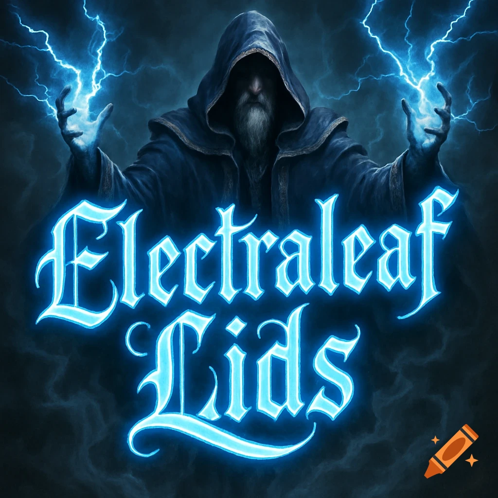 A hooded wizard with a long beard conjures blue lightning. The words 'Electraleaf Lids' glow brightly in the foreground, with smoke in the background. Digital art.
