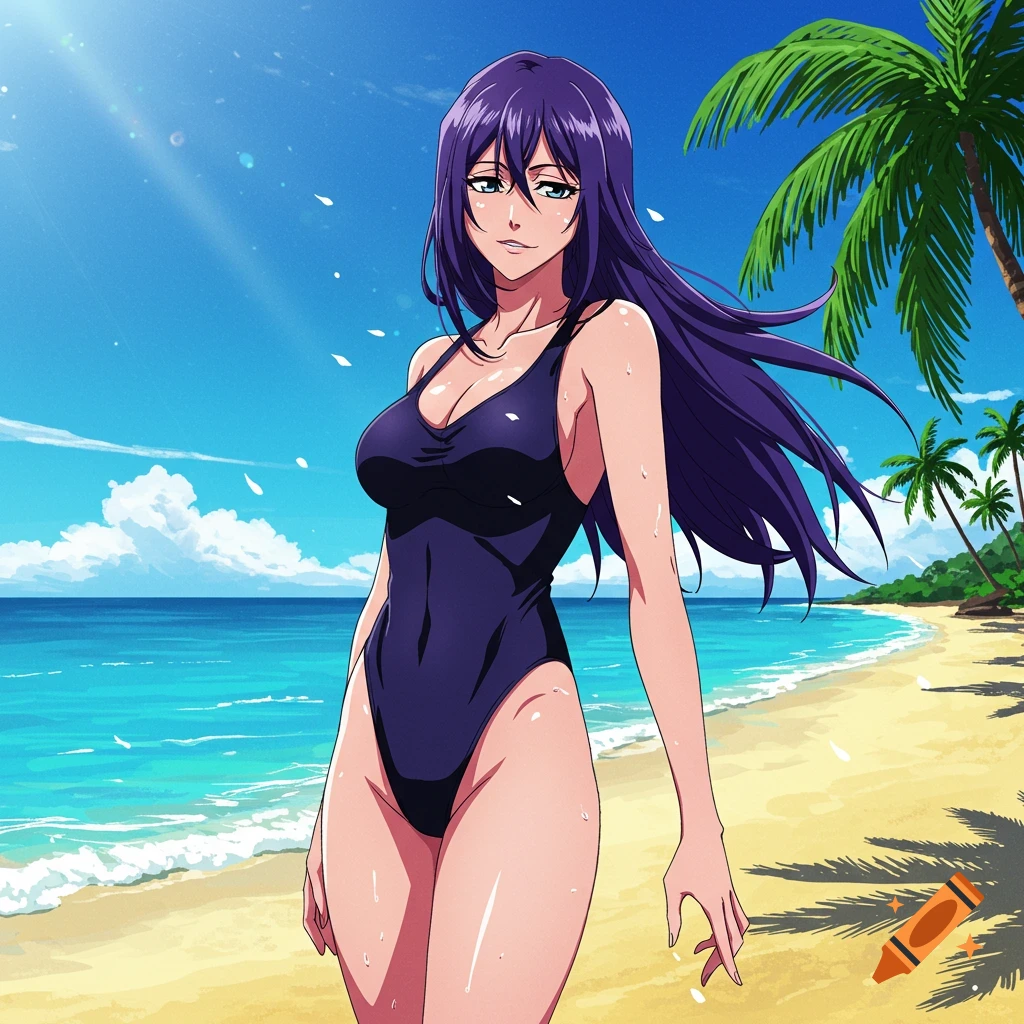 Anime woman with long purple hair in a black swimsuit walking on a sunny beach with palm trees and ocean.