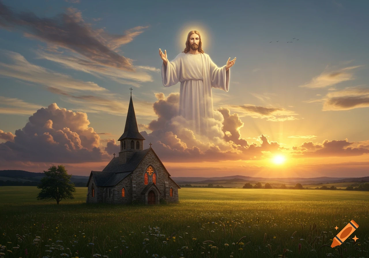 Jesus appears in the clouds above a small stone church in a grassy field at sunset.