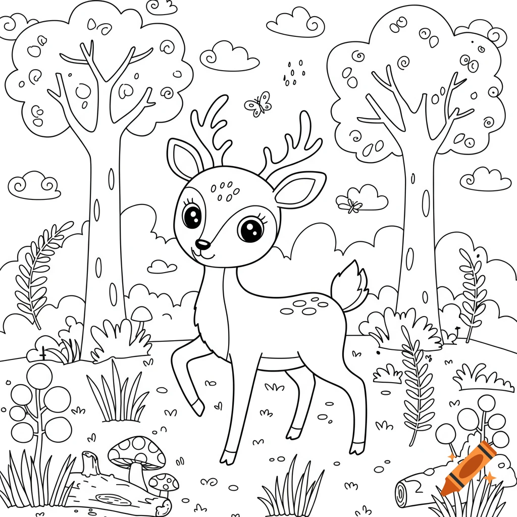 Black and white cartoon drawing of a cute deer with antlers standing in a forest, suitable for a coloring page.