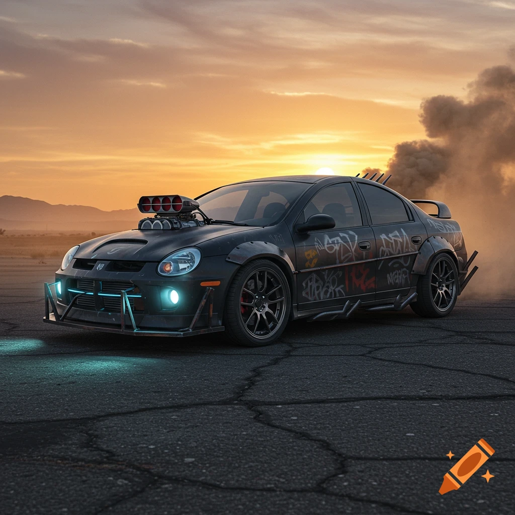 A black, Mad Max-style Dodge Neon SRT4 with a supercharger and graffiti on a cracked road at sunset, with smoke in the background.