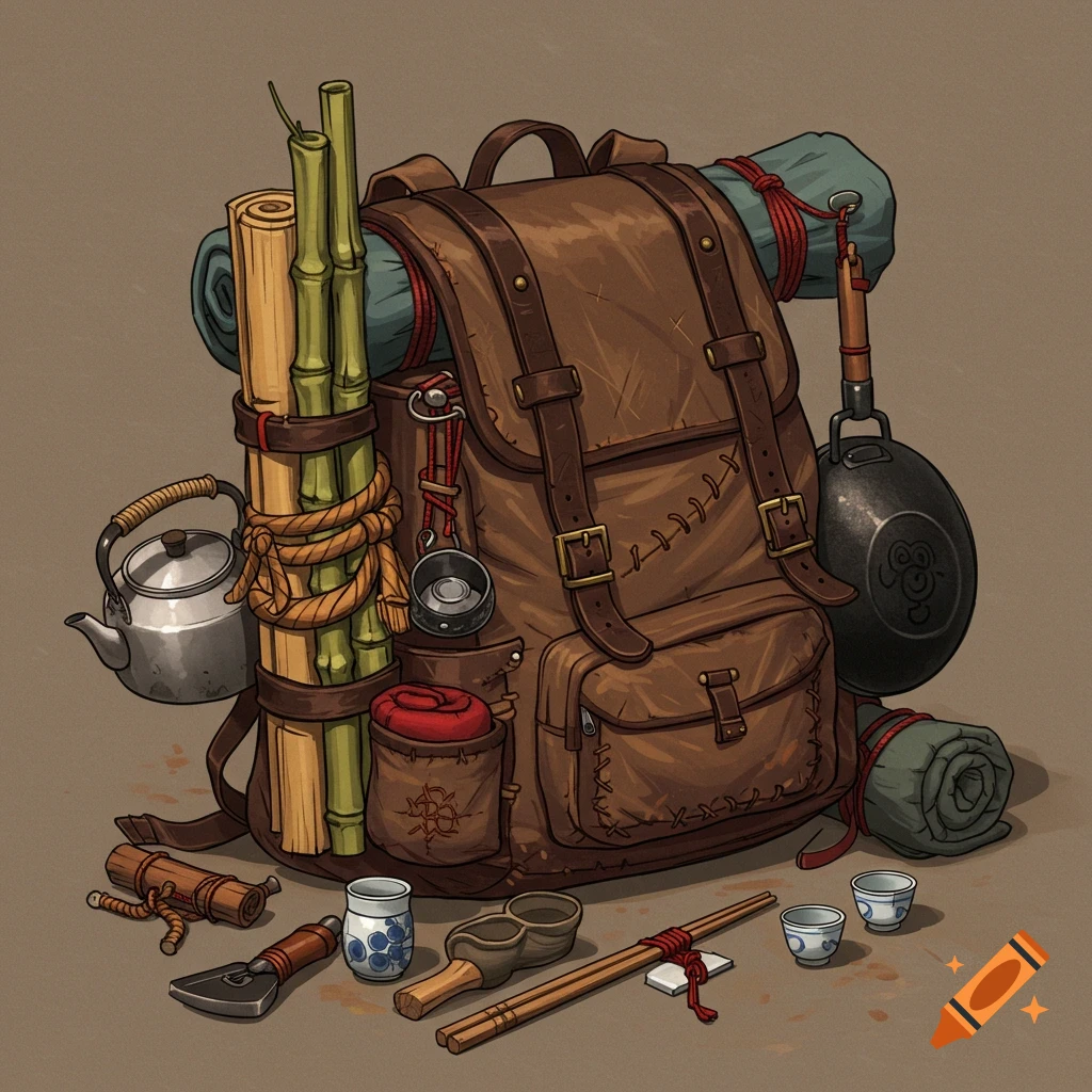 An illustrated brown adventurer's backpack with bamboo poles, a sleeping bag, a teapot, and various Asian-themed items.