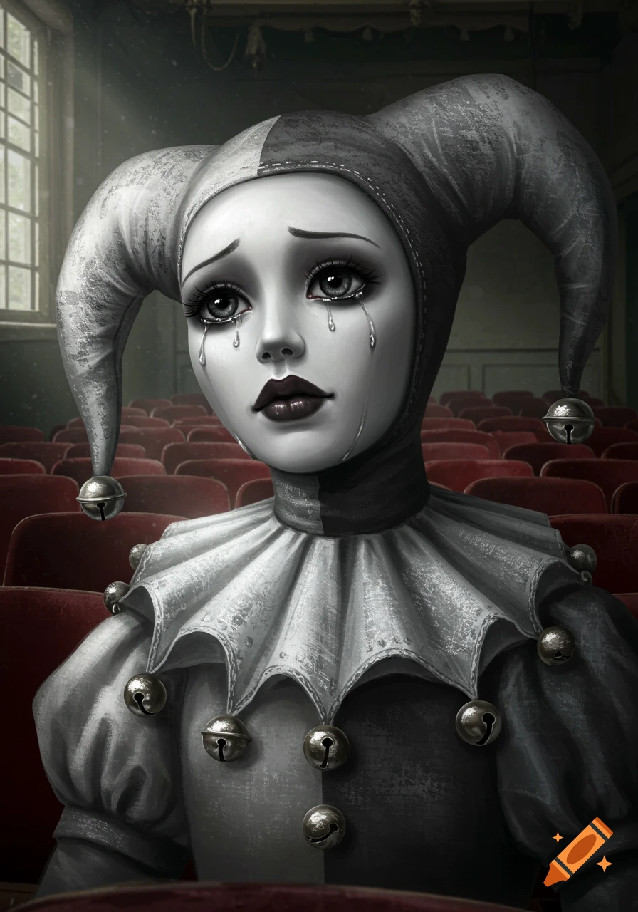 A sad harlequin doll with tear-streaked eyes in a grayscale jester hat sits in a theater of red seats.