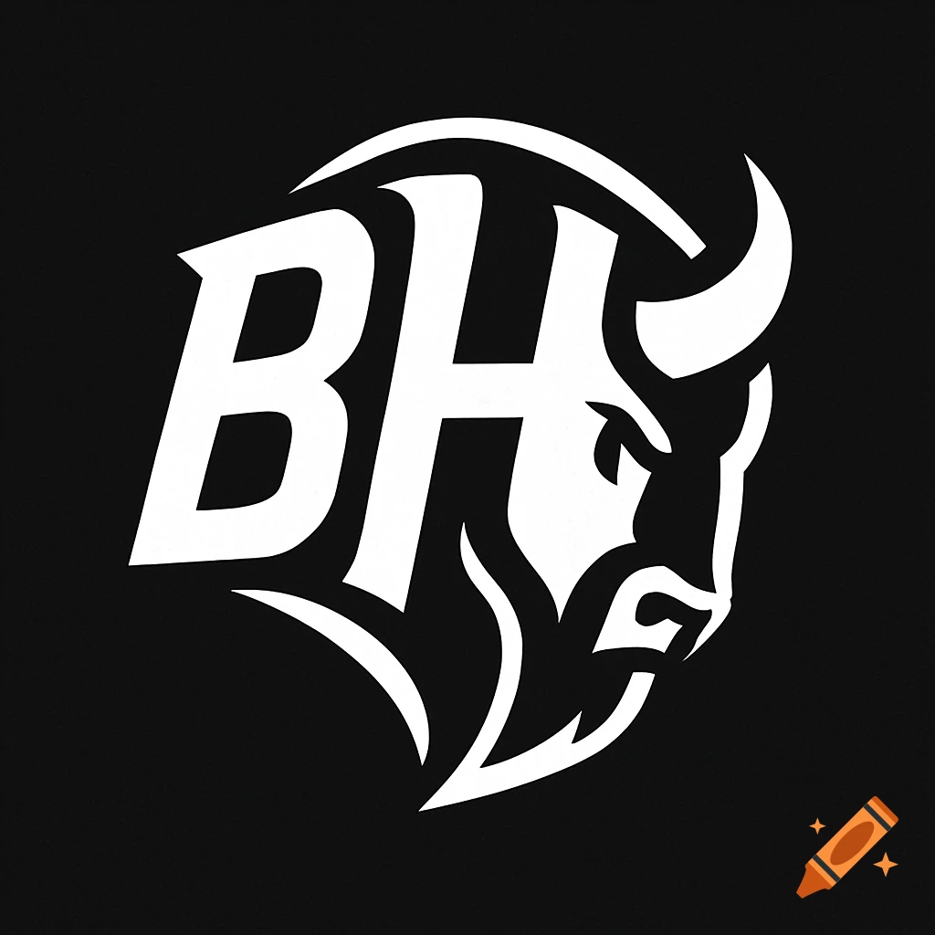 A stylized black and white logo featuring the letters 'B' and 'H' integrated into the head of a bison.
