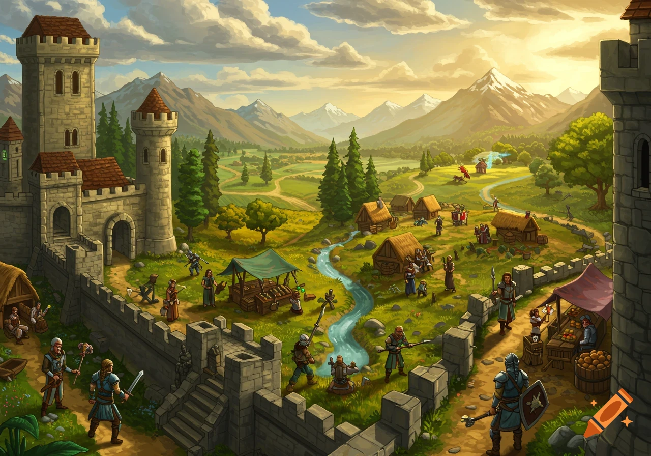 An illustrated fantasy landscape with a large stone castle, a vibrant village, river, and mountains under a cloudy sky.