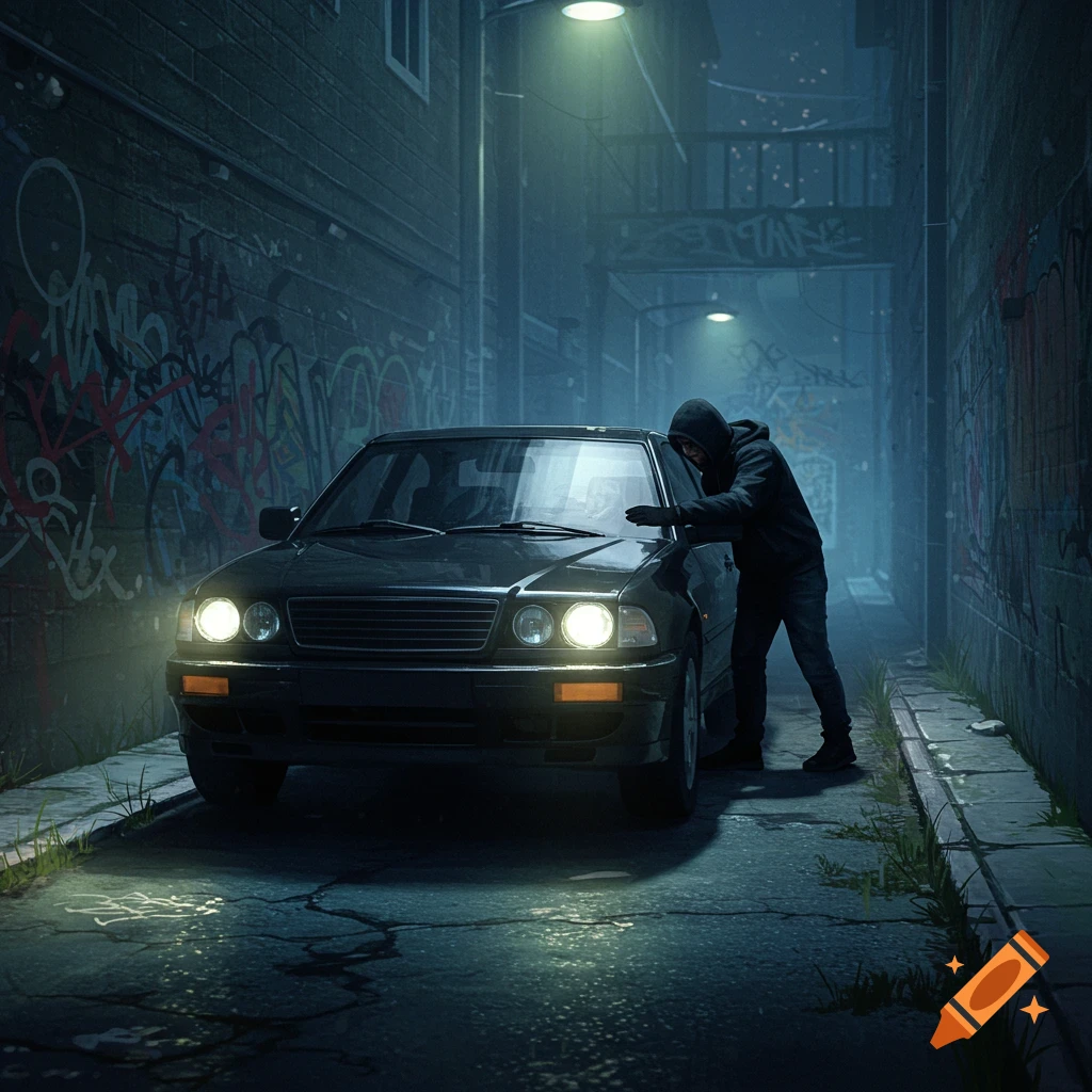 A hooded figure attempts to break into a dark car parked in a dimly lit, graffiti-covered urban alley at night.