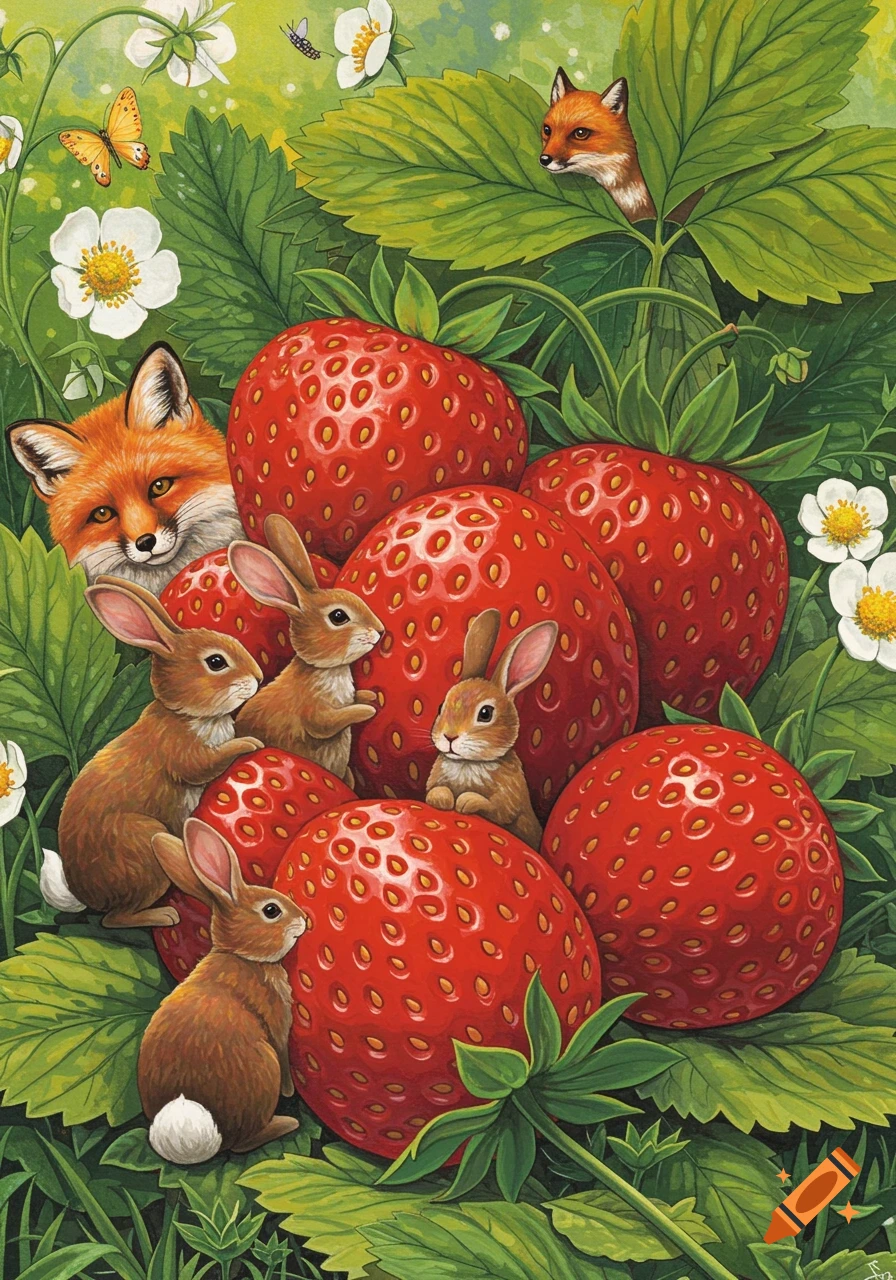 An illustrative painting of small brown bunnies and red foxes amidst large red strawberries, green leaves, and white flowers.