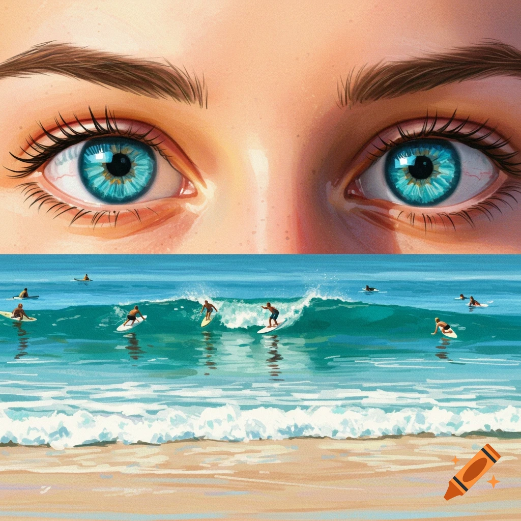 Artistic view of large human eyes above a beach with surfers riding turquoise waves.