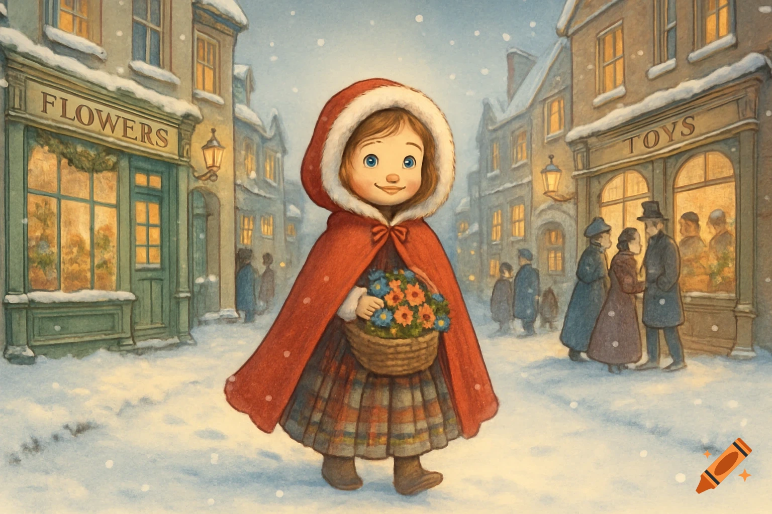 A whimsical illustration of a young girl in a red cape and plaid dress, holding a basket of flowers, walking down a snowy Edwardian street with shops like 'FLOWERS' and 'TOYS'.