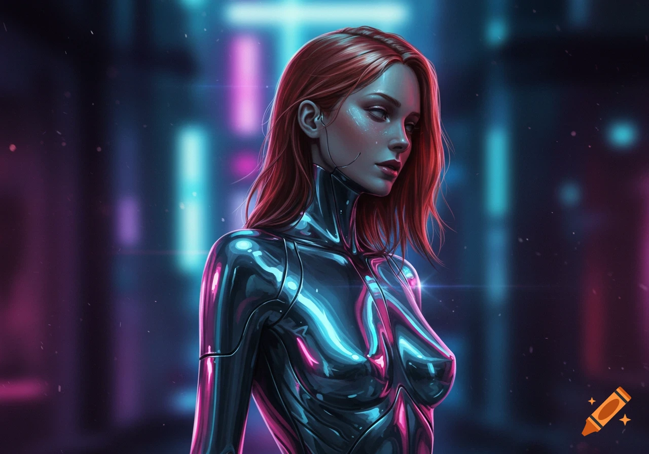 A red-haired woman in a metallic, glowing cybernetic suit stands against a neon-lit futuristic background.