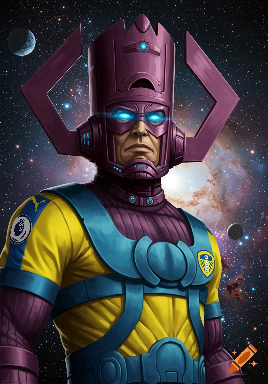 Galactus from Marvel Comics wearing a yellow and blue Leeds United football shirt in space.