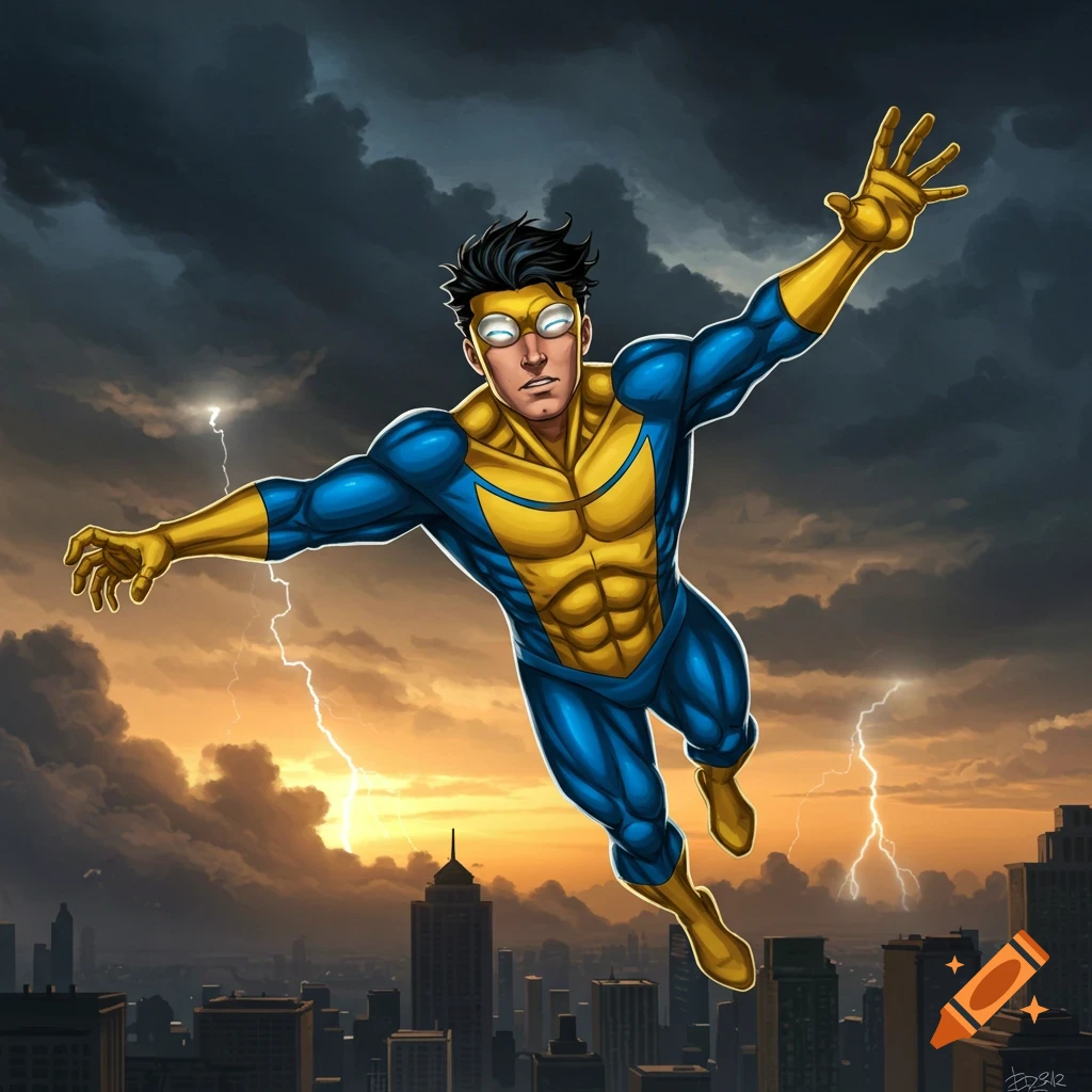 A superhero in a blue and yellow suit flies above a city skyline during a stormy sunset with lightning.