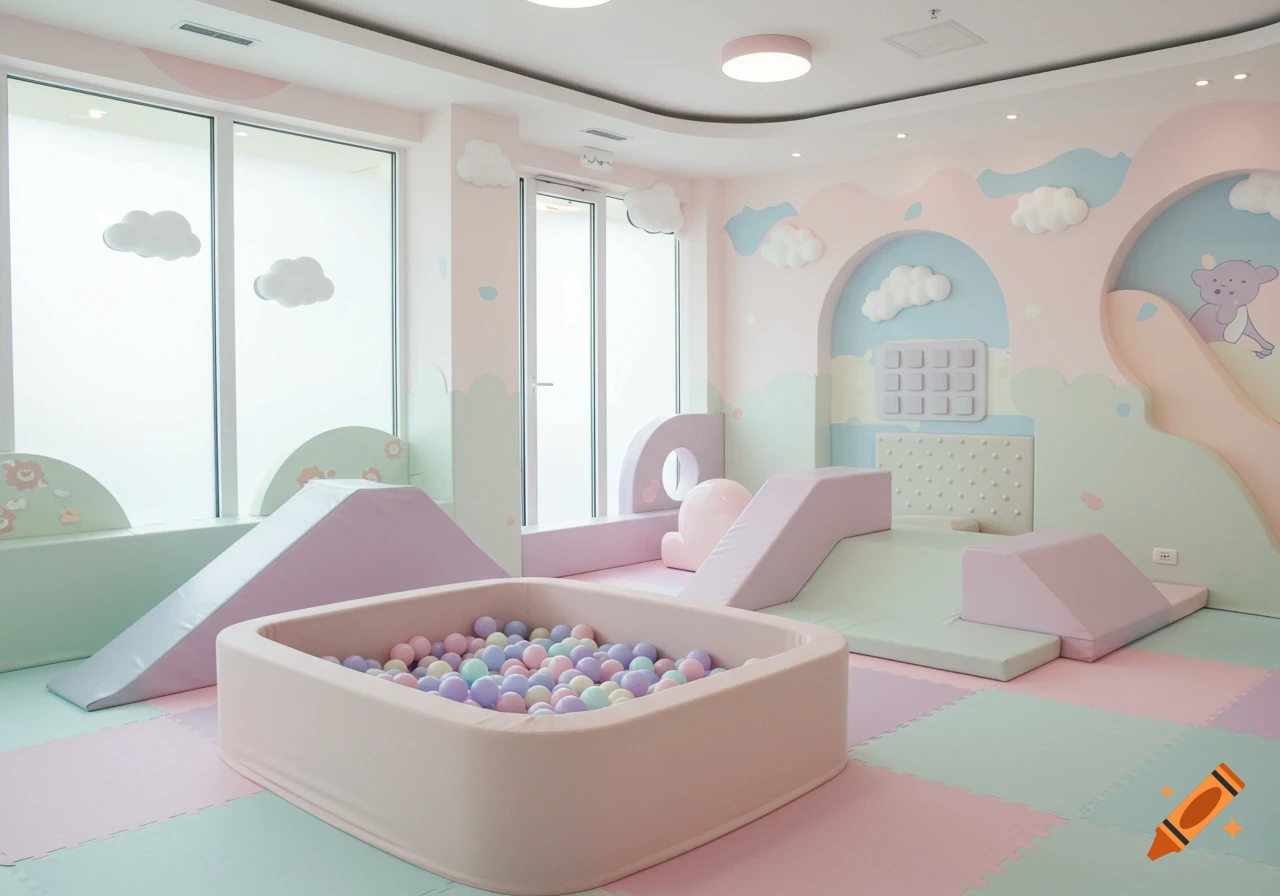 A bright, pastel-themed indoor soft play area with a ball pit, foam climbers, and padded flooring in mint, blush, and lavender.