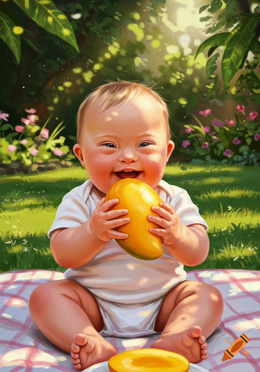 A happy baby with Down syndrome sits on a picnic blanket outdoors, smiling and holding a mango.