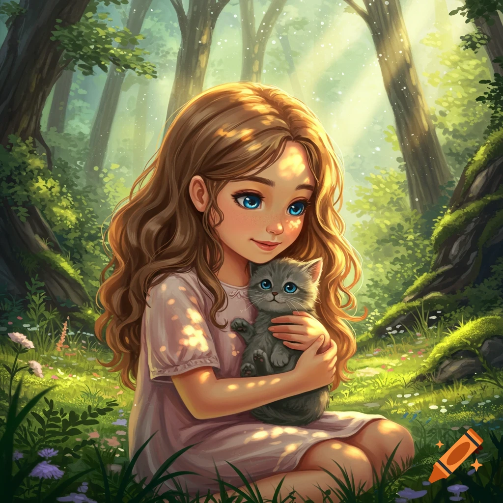 An illustrated young girl with brown hair and blue eyes cuddles a gray kitten in a sunlit, vibrant forest.