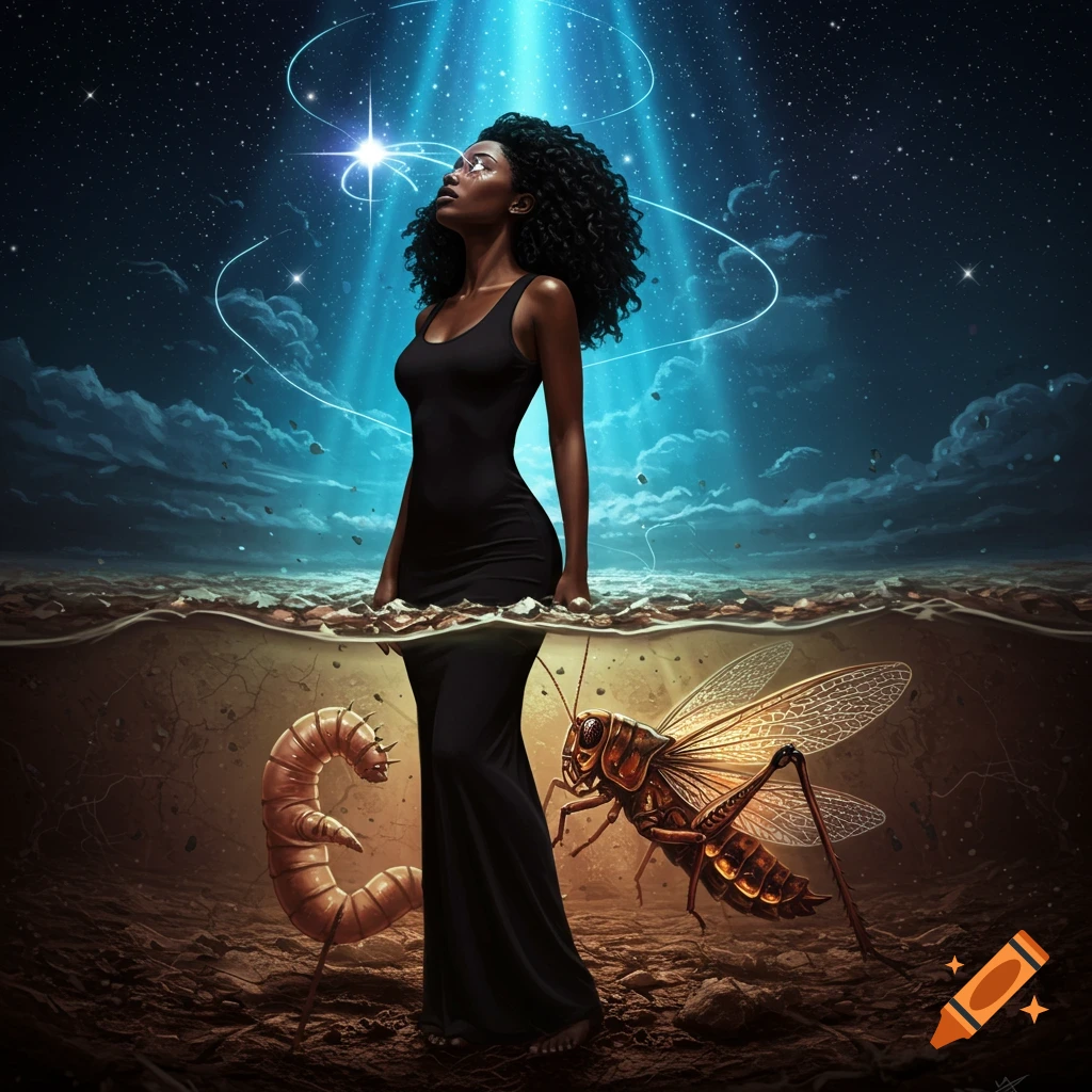 A woman in a black dress stands between a starry sky with light beams and an underground scene with a worm and locust.