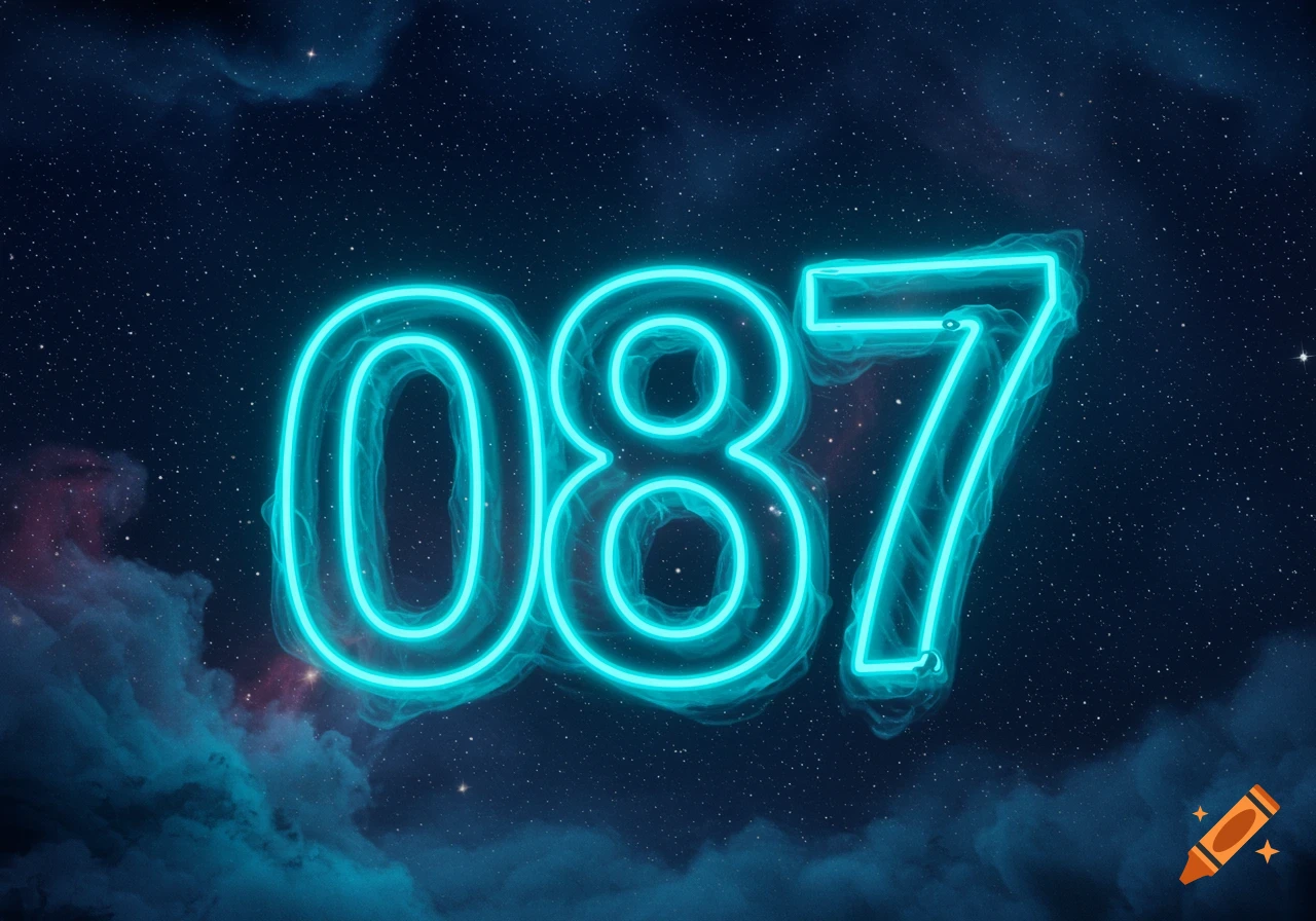 The glowing neon numbers '087' against a dark blue starry night sky with wispy nebula clouds.