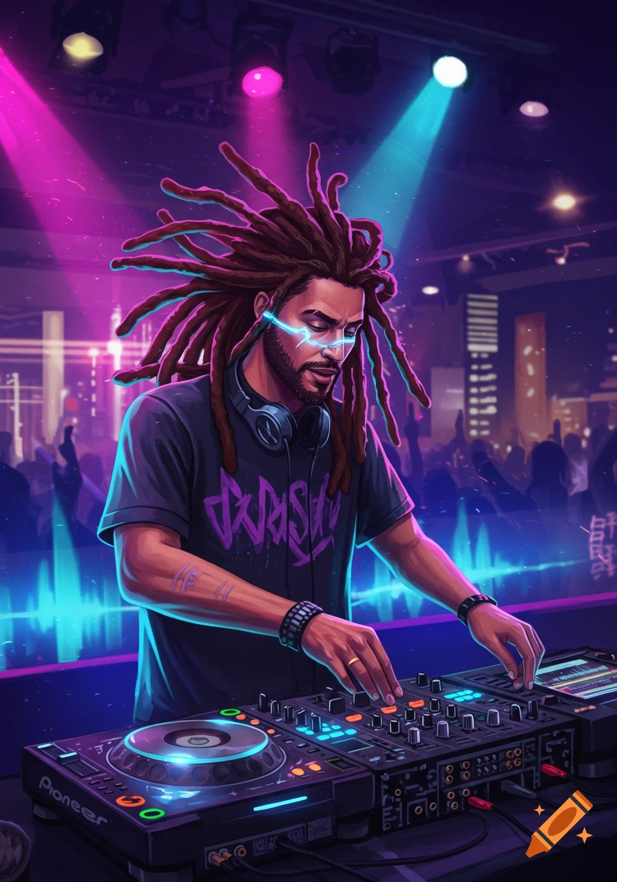An artistic rendering of a male DJ with dreadlocks, mixing music on a Pioneer deck under neon lights at a club.