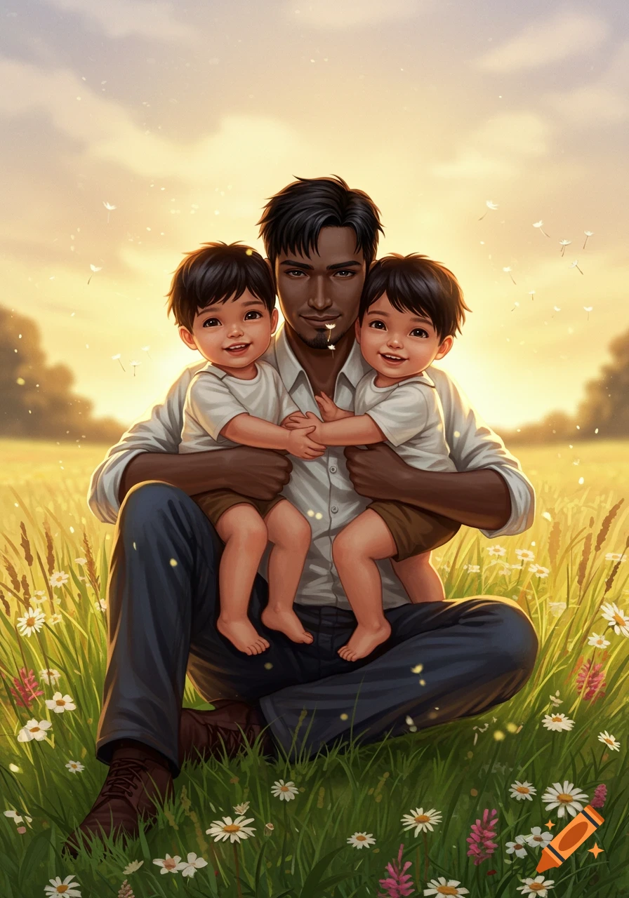 Digital art of a father holding his twin toddler sons in a sunny field with flowers.