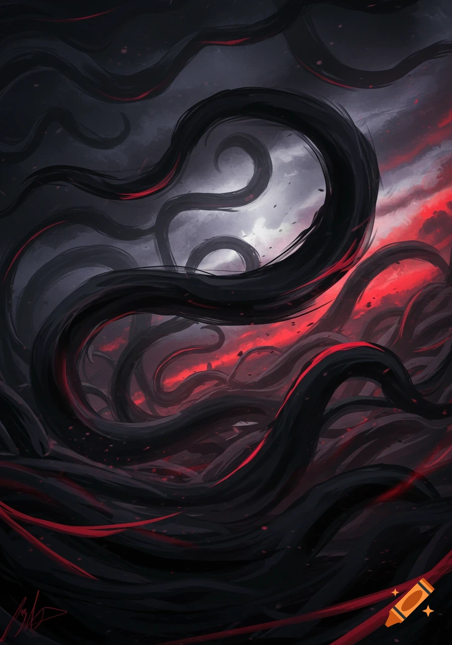 Dark, abstract digital painting of swirling black tentacle-like forms against a stormy sky with red highlights.