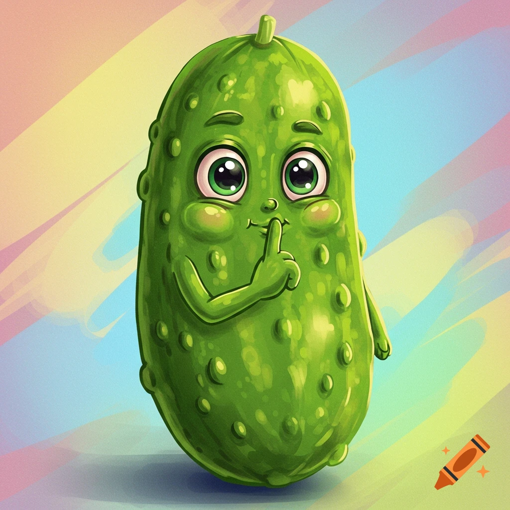 A cute, anthropomorphic green pickle character with large eyes, shushing with a finger to its mouth, against a colorful pastel background.