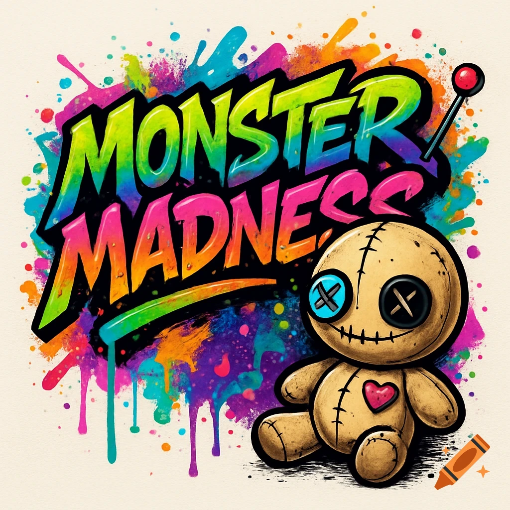Graffiti-style art featuring 'Monster Madness' text in vibrant colors with paint splatters, next to a cute voodoo doll.