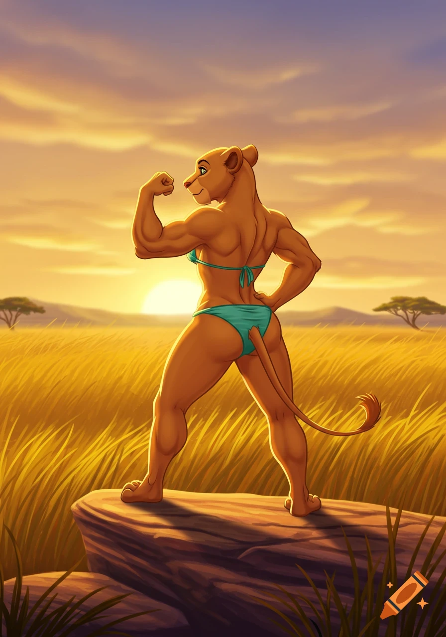 A muscular, anthropomorphic lioness in a bikini flexes her arm, seen from the back, on a rock in a golden savanna at sunset. Animated style.