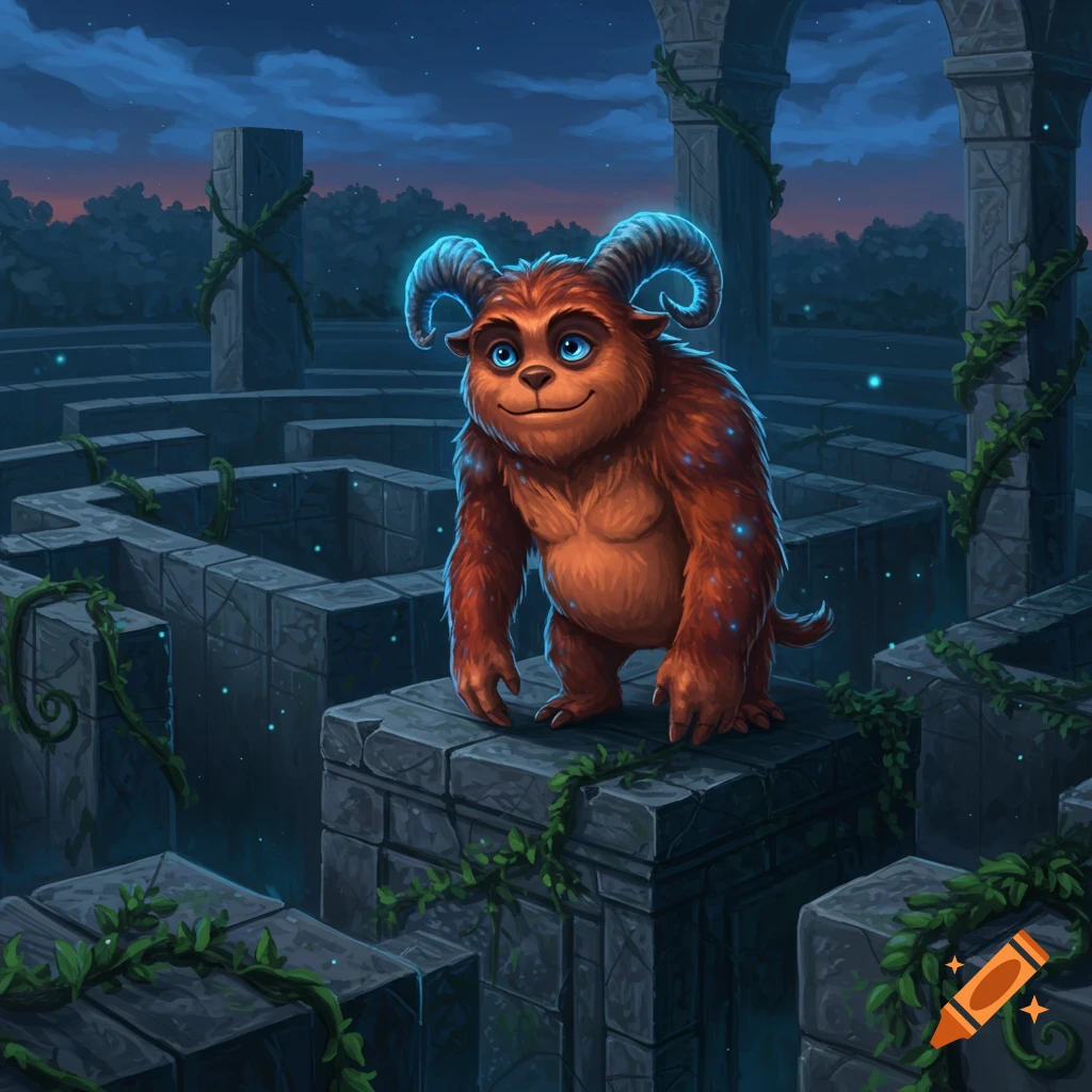 A cute, furry, ram-horned monster with glowing blue eyes and horns stands on a stone wall in a dark labyrinth at night.