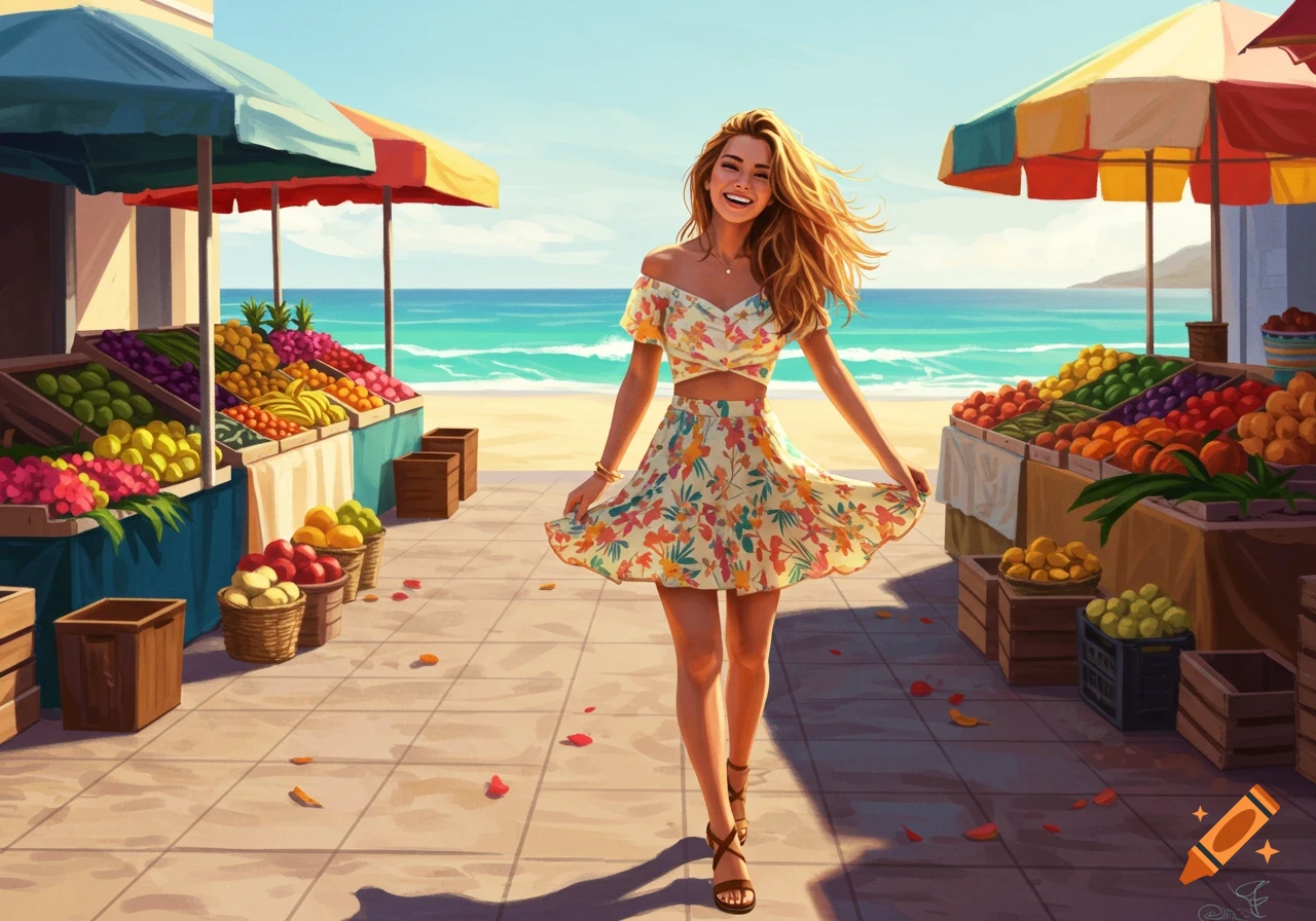 A smiling woman in a floral skirt and crop top walks past colorful fruit stalls at a sunny beach market, illustrated style.